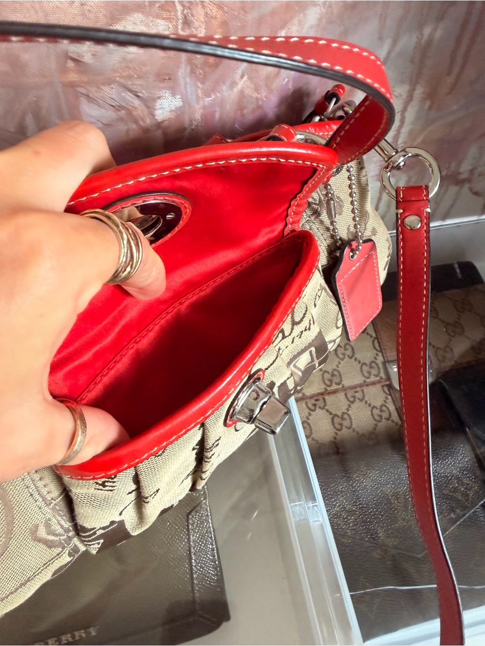 Coach Tan Signature Canvas Shoulder Bag with Red Leather Trim - Picture 8 of 8